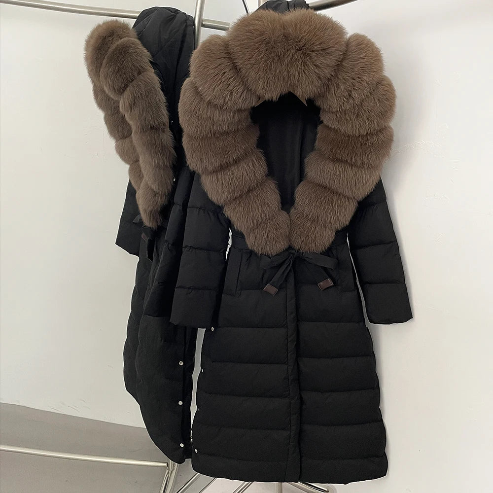 OFTBUY Large Real Fox Fur Collar X-Long Puffer Jacket Women Hooded Winter White Duck Down Coat Thick Female Parkas With Belt